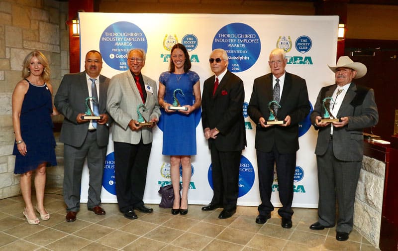 The 2016 Thoroughbred Industry Employee Award winners were announced Oct. 7. From left to right: Jill Byrne, Victor Espinoza, Izzy Vega, Melissa Cohen, D. Wayne Lukas, James Sebastian, and Vinny Castaneda. (Photo by Coady Photography)